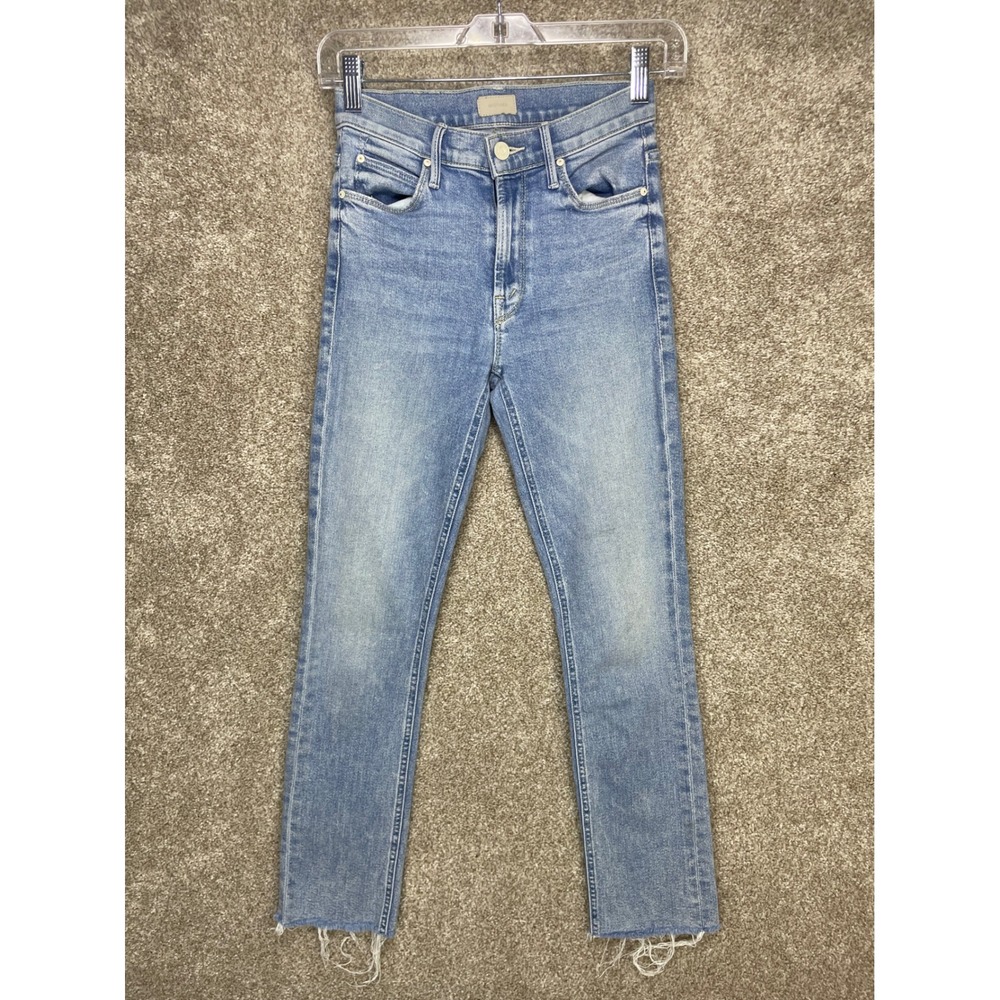 Mother The Mid Rise Dazzler Ankle Fray Jeans Womens 24 Blue Slim Straight Denim